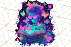 Skeleton Lady Clipart PNG Neon Skull Woman Reading Halloween Product Image 3