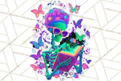 Skeleton Lady Clipart PNG Neon Skull Woman Reading Halloween Product Image 4