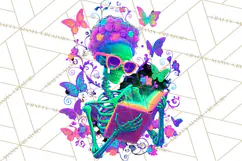 Skeleton Lady Clipart PNG Neon Skull Woman Reading Halloween Product Image 4
