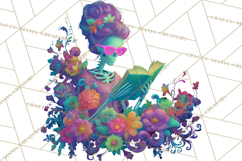 Skeleton Lady Clipart PNG Neon Skull Woman Reading Halloween Product Image 5