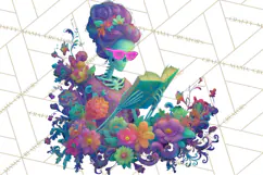 Skeleton Lady Clipart PNG Neon Skull Woman Reading Halloween Product Image 5