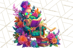 Skeleton Lady Clipart PNG Neon Skull Woman Reading Halloween Product Image 2