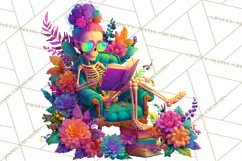 Skeleton Lady Clipart PNG Neon Skull Woman Reading Halloween Product Image 2