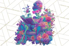 Skeleton Lady Clipart PNG Neon Skull Woman Reading Halloween Product Image 3