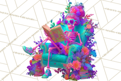 Skeleton Lady Clipart PNG Neon Skull Woman Reading Halloween Product Image 4