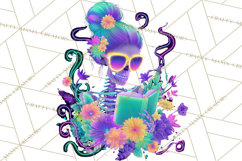 Skeleton Lady Clipart PNG Neon Skull Woman Reading Halloween Product Image 5