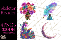 Skeleton Lady Clipart PNG Neon Skull Woman Reading Halloween Product Image 1