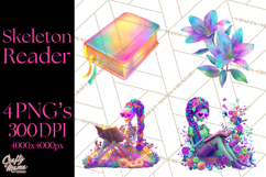 Skeleton Lady Clipart PNG Neon Skull Woman Reading Halloween Product Image 1