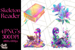 Skeleton Lady Clipart PNG Neon Skull Woman Reading Halloween Product Image 1