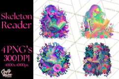 Skeleton Lady Clipart PNG Neon Skull Woman Reading Halloween Product Image 1