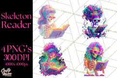 Skeleton Lady Clipart PNG Neon Skull Woman Reading Halloween Product Image 1