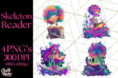 Skeleton Lady Clipart PNG Neon Skull Woman Reading Halloween Product Image 1