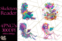 Skeleton Lady Clipart PNG Neon Skull Woman Reading Halloween Product Image 1