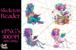Skeleton Lady Clipart PNG Neon Skull Woman Reading Halloween Product Image 1