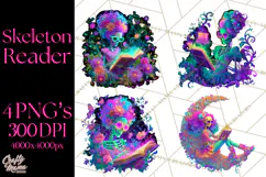 Skeleton Lady Clipart PNG Neon Skull Woman Reading Halloween Product Image 1