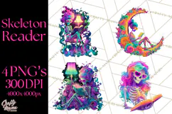 Skeleton Lady Clipart PNG Neon Skull Woman Reading Halloween Product Image 1