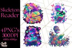 Skeleton Lady Clipart PNG Neon Skull Woman Reading Halloween Product Image 1