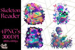 Skeleton Lady Clipart PNG Neon Skull Woman Reading Halloween Product Image 1