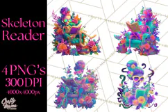 Skeleton Lady Clipart PNG Neon Skull Woman Reading Halloween Product Image 1