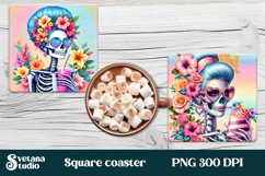 Skeleton mom square coaster | Skull with flowers coaster Product Image 1