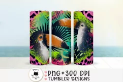 tropical skinny tumbler design with toucans on a beach background