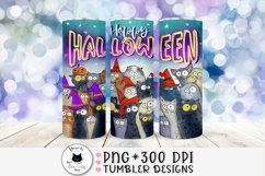 skinny tumbler design with funny halloween cats on a blue bokeh background