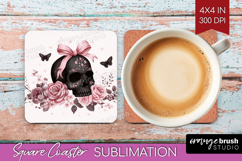 Skull Cute Square Coaster Pink Halloween Coaster PNG Product Image 1