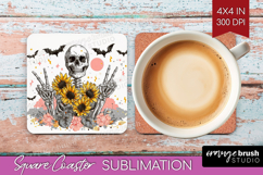 Skull Sunflowers Halloween Square Coaster Spooky Season PNG Product Image 1