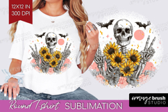 Skull Sunflowers Halloween Round Tshirt Background Spooky Product Image 1