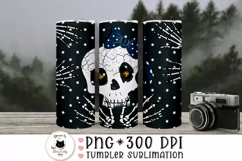 funny skull with a bow tumbler wrap shown on a mockup