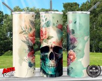 Skull and Watercolor Flowers 20oz Straight Tumbler Wrap Product Image 2