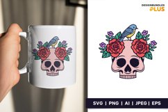 Blue Bird Perching on Floral Skull Head Illustration Product Image 1