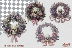 Gothic floral skull wreath clipart, pink coquette bow Product Image 1