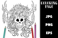 Skull and Flowers Coloring Page with Antlers Product Image 1