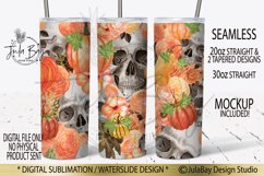 skulls and pumpkins halloween tumbler design with gourds and colorful pumpkins and flowers in orange and peach