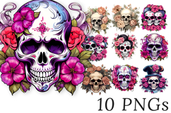 Skulls and Roses Clipart Bundle - 10 Gothic Transparent PNG Product Image 1