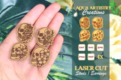 4x Floral Skulls Studs Earrings, Laser Cut SVG Designs Product Image 1
