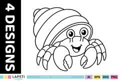 Happy hermit crab digital stamp line art for coloring and craft projects