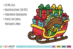 Cute sleigh full of colorful presents, part of the Christmas clipart collection for crafts and cards.