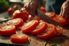 Tomato Slice On Wooden Cutting Board Product Image 1