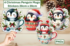 4 Cute Christmas Penguin Mugs Stickers PNG Product Image 1