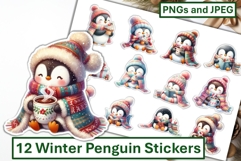 12 Winter Penguin Stickers JPEG &amp; PNG Product Image 1