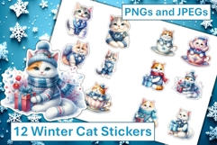 12 Winter Cute Cat Stickers JPEG &amp; PNG Product Image 1