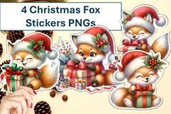 4 Cute Christmas Fox with presents Stickers PNG Product Image 1