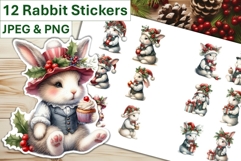 12 Christmas Shabby Chic Rabbit Stickers JPEG and PNGs Product Image 1