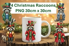 4 Cute Christmas Raccoons Sublimations 30cm x 30cm PNG Product Image 1