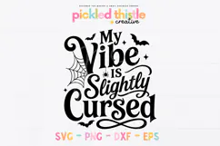 Black Halloween shirt design featuring a funny cursed vibe phrase with bold lettering, swashes, bats, stars, and spider web details.