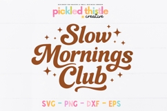 Brown retro script text reading “Slow Mornings Club” with sparkles on a white background, cozy coffee-inspired design with smooth curves and a vintage aesthetic.