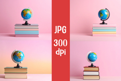 4 Small globe on top of stacked books, pastel background JPG Product Image 1