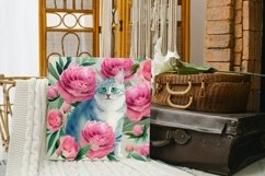 High Resolution Watercolor Cat with Peonies Illustration Product Image 1
